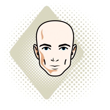 Adam yüz, insan kafası. Vektör karakter, yakışıklı kel erkek.
