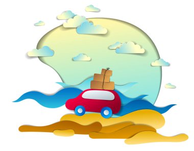 Sahilde, palmiyelerde, dalgalarda, gökyüzünde bulutlarda, kağıt kesiminde, yaz tatillerinde seyahat ve turizmin, aile veya dostların resimlerini içeren kırmızı bir araba..  