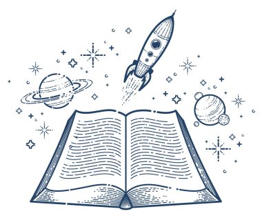 Roket vektör doğrusal simgesi başlatılan kitabı aç, füze metinden başlatılıyor, uzay bilimsel edebiyatı kütüphanesi resim çizgisi çizimi okuyor.