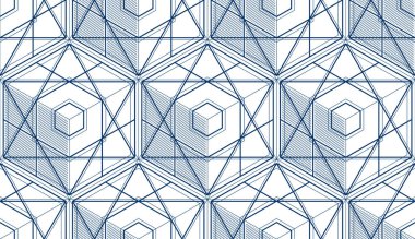 3d geometrik çizgiler seamless modeli, vektör arka plan soyut. Çizim için sonsuz şekilde mühendislik teknolojisi tarzı. Tek renk, siyah ve beyaz. Kumaş, duvar kağıdı, ambalaj, web ve baskı için kullanılabilir.