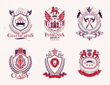 Kron, yıldız, gibi dekoratif öğeler ile oluşturulmuş vektör vintage Amblemler kümesi haçlar, cephanelik ve hayvanlar. Hanedan arması topluluğu.