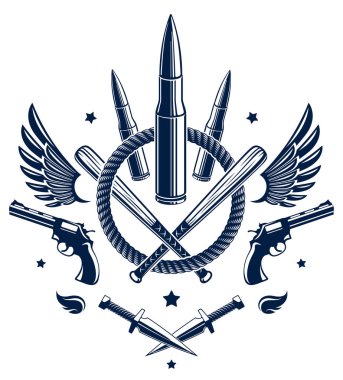 Devrim ve savaş taşıyıcı amblemi kurşunlar ve silahlar, logo veya dövme birçok farklı tasarım unsurları, çevik kuvvet savaşçısı, suçlu ve anarşist tarzı, sosyal gerilim teması.