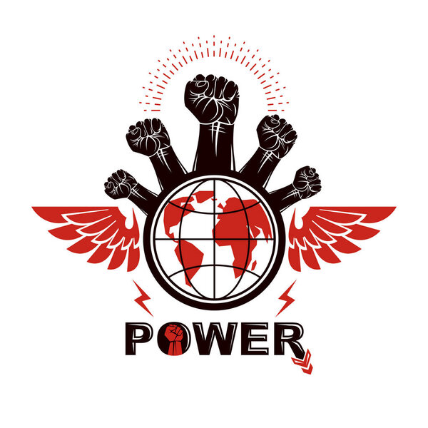 Сжатые кулаки разъяренных людей покрыли векторную эмблему, состоящую из земного шара. Абстрактная иллюстрация гражданской войны. Концепция социальной революции.