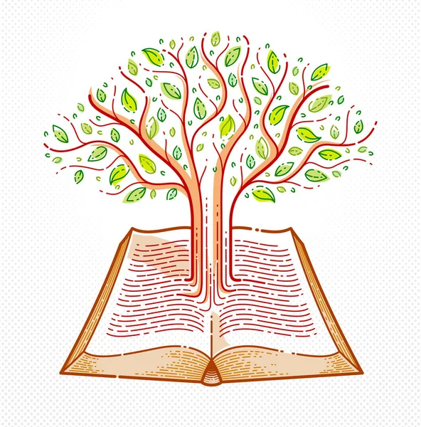 Tree Growing Text Lines Open Vintage Book Education Science Knowledge — Stock Vector