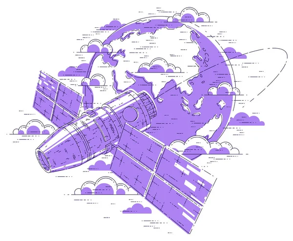 Space Station Orbiting Earth Spaceflight Spacecraft Spaceship Iss Solar Panels — Stock Vector