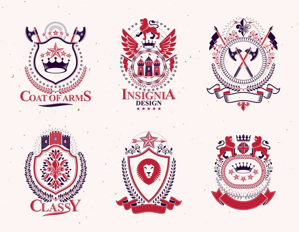 Uppsättning Vektor Vintage Emblem Skapat Med Dekorativa Element Som Kronor — Stock vektor