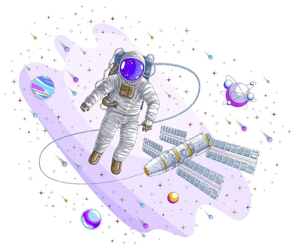 Astronaut Went Out Open Space Connected Space Station Spaceman Floating — Stock Vector