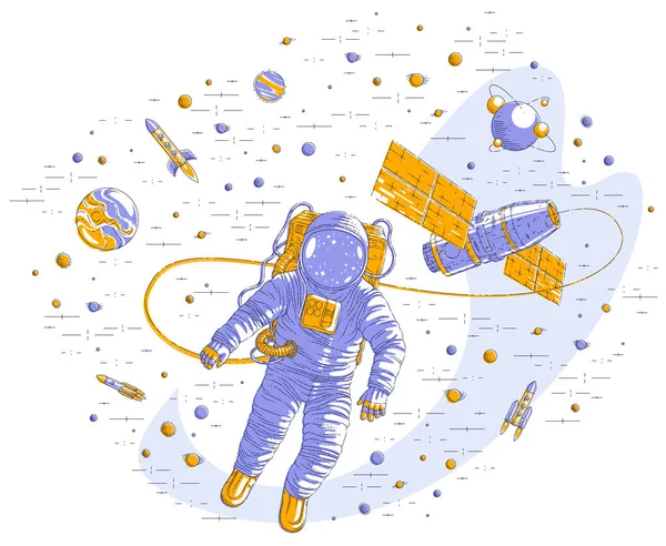 Açık alanda uçan uzaylı uzay istasyonu, astronot erkek ya da kadın roketler, yıldızlar ve diğer öğeler tarafından çevrili evren ve ISS uzay aracı yüzen bağlı. Vektör illüstrasyon izole.