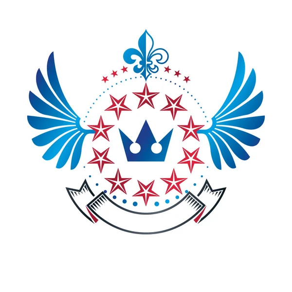 翼の軍星エンブレム帝国王冠と豪華なリボン 勝利賞のシンボルを作成します 紋章紋章付き外衣分離された装飾的なロゴのベクトル図 — ストックベクタ