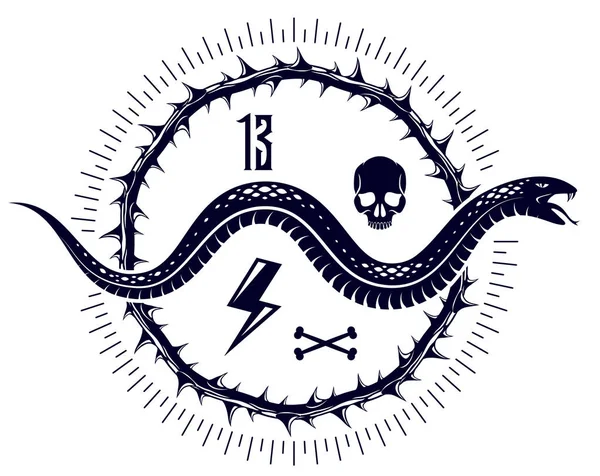 毒蛇のヴィンテージの入れ墨 ベクトルのロゴや積極的な捕食者の爬虫類の紋章 致命的な毒蛇のシンボル ヴィンテージスタイルのイラスト — ストックベクタ