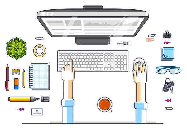 Büroangestellte Oder Unternehmer Die Einem Computer Arbeiten Draufsicht Auf Den — Stockvektor