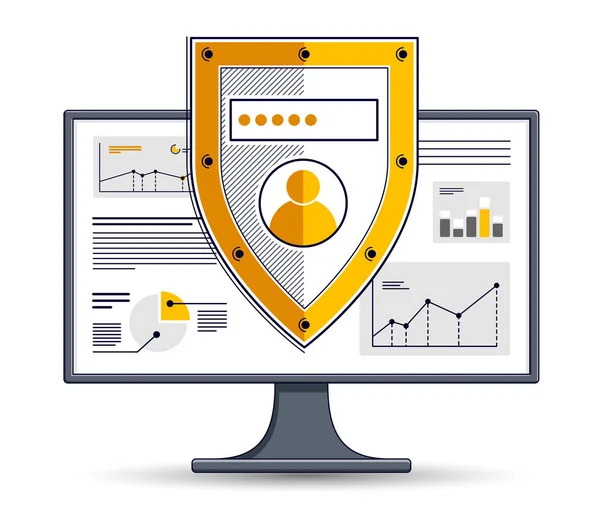 Escudo Sobre Monitor Computador Conceito Segurança Dados Privados Antivírus Firewall —  Vetores de Stock