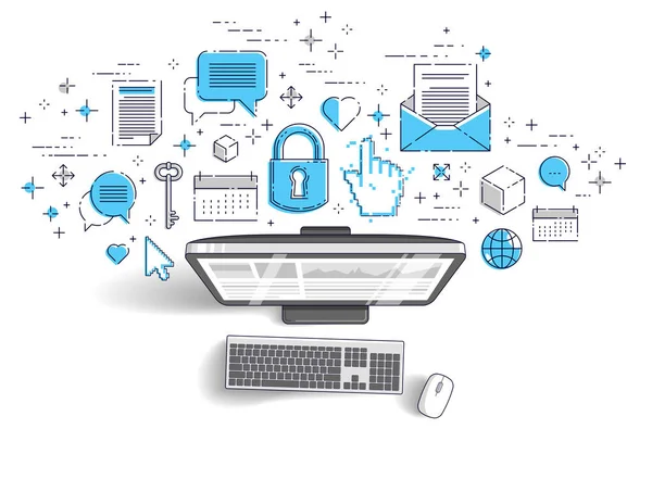 Computador Com Estatísticas Infográficos Conjunto Ícones Negócios Line Finanças Eletrônicas — Vetor de Stock