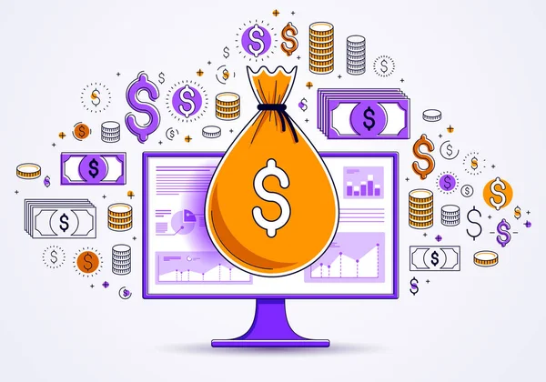 Para Çantası Bilgisayar Monitörü Doları Icons Set Çevrimiçi Bankacılık Veya — Stok Vektör
