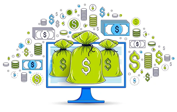 Pengesekk Dataskjerm Dollarikoner Nettbank Eller Bokføringskonsept Elektroniske Penger Internett Sparing – stockvektor