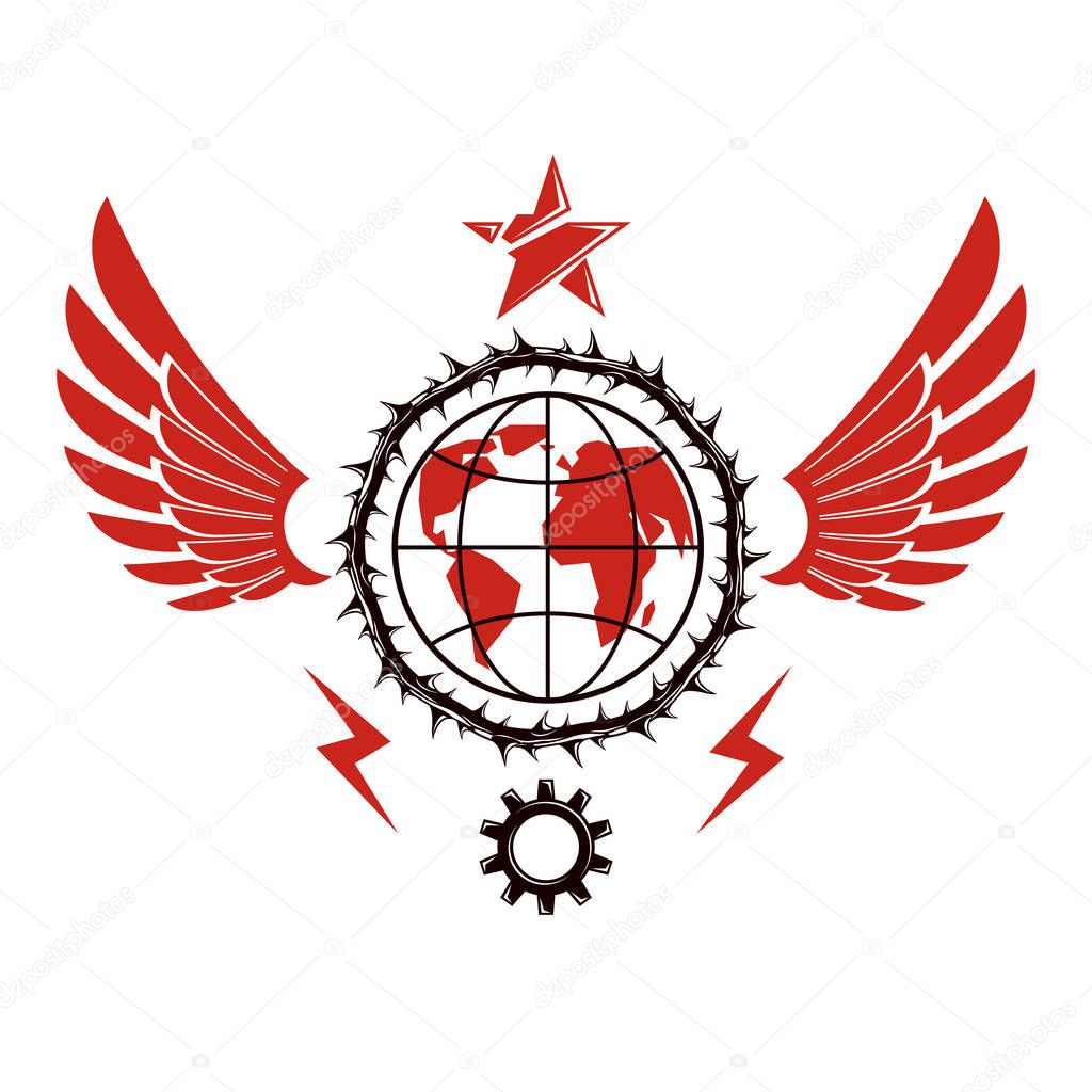 Vector emblem composed using Earth globe surrounded with industrial gear and decorated using pentagonal star. Proletarian social revolution abstract symbol, totalitarian utopia.