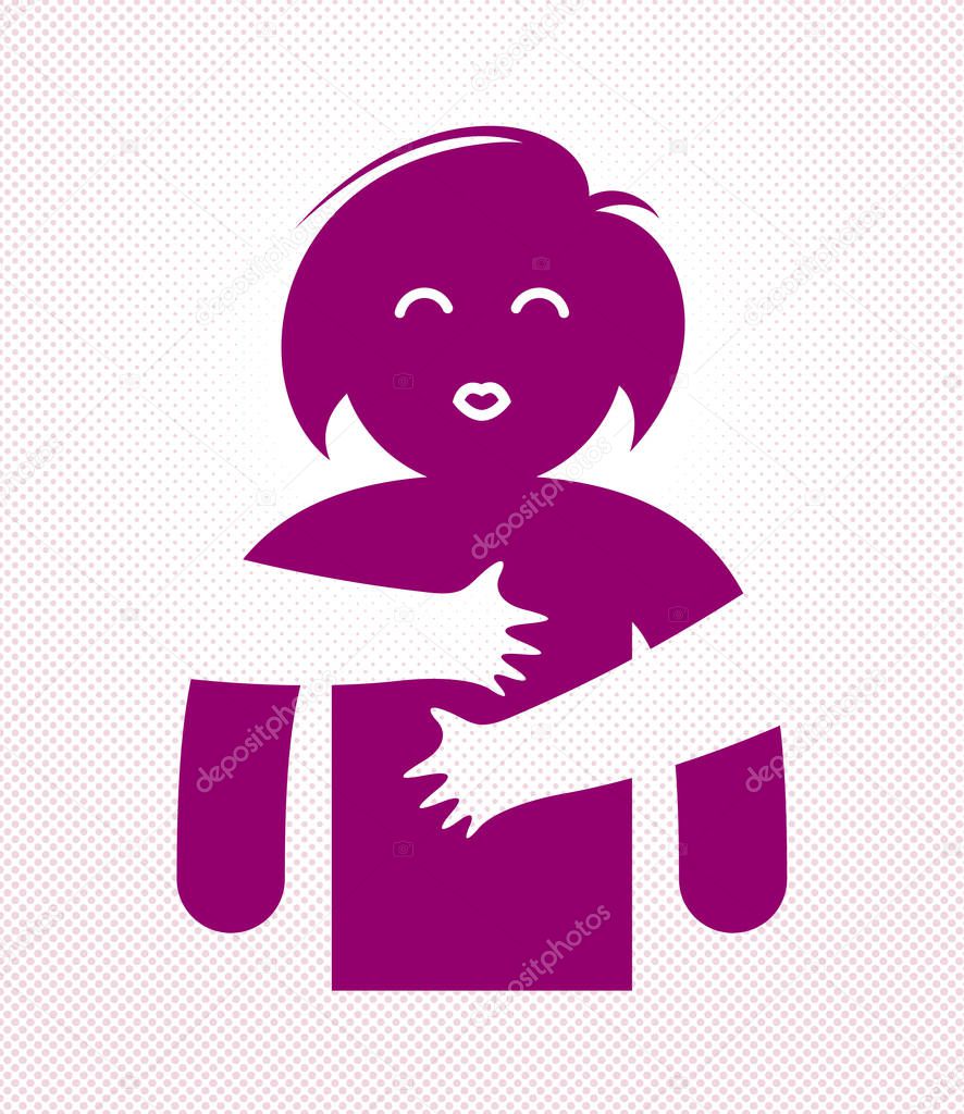 Beloved woman with care hands of a lover or friend hugging her around from behind, vector icon logo or illustration in simplistic symbolic style.