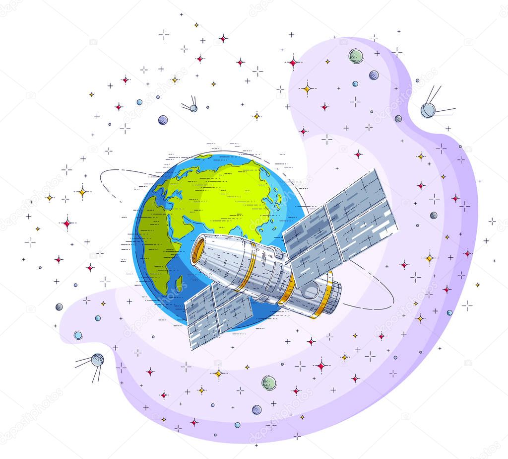 Space station orbiting around earth, spaceflight, spacecraft spaceship iss with solar panels, artificial satellite, surrounded by stars and other elements. Thin line 3d vector illustration.