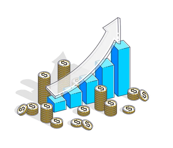 Erfolg Und Einkommen Aufwachsen Konzept Wachstumsdiagramm Statistiken Balken Mit Cash — Stockvektor