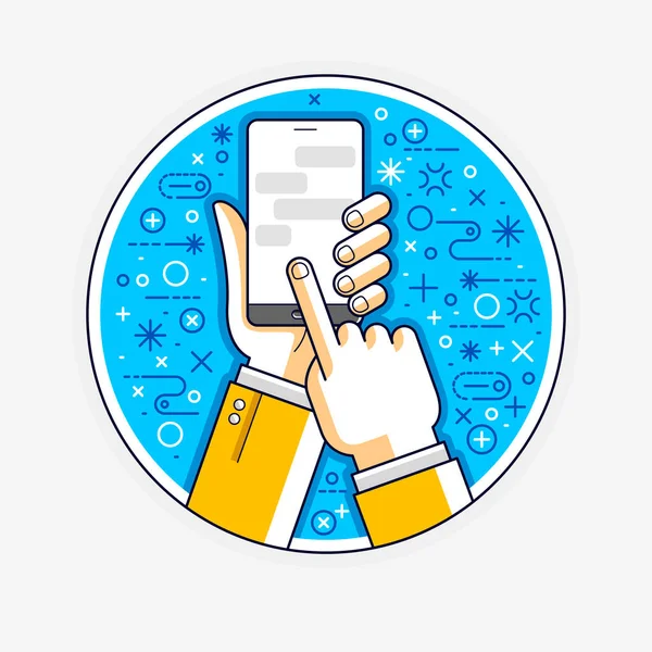 Internet communication and activity, man hands holding phones an — Stock Vector