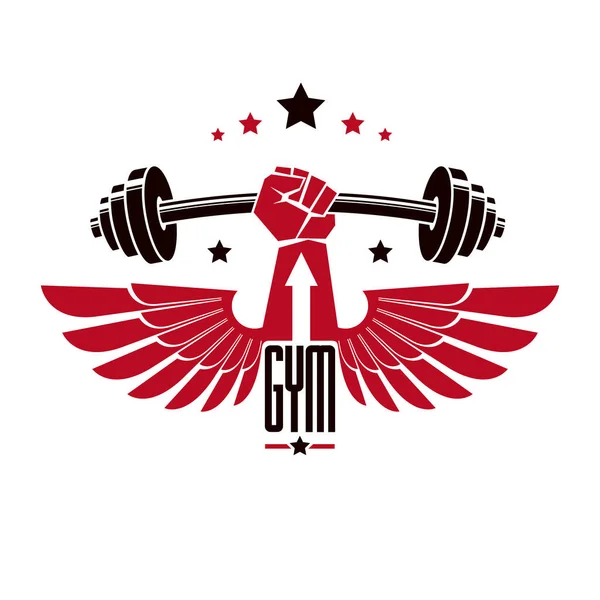 Culturismo levantamiento de pesas gimnasio logo sport club, retro styliz — Vector de stock