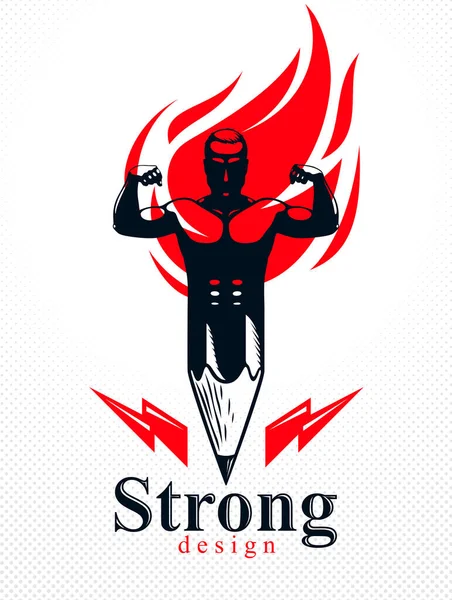 Человек-мускул Стронгмана в сочетании с карандашом и огненным пламенем — стоковый вектор