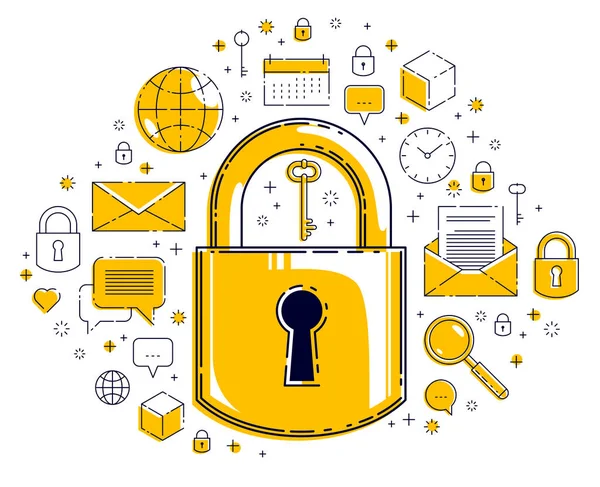 Padlock lock omringd door verschillende iconen set, internet beschermen — Stockvector