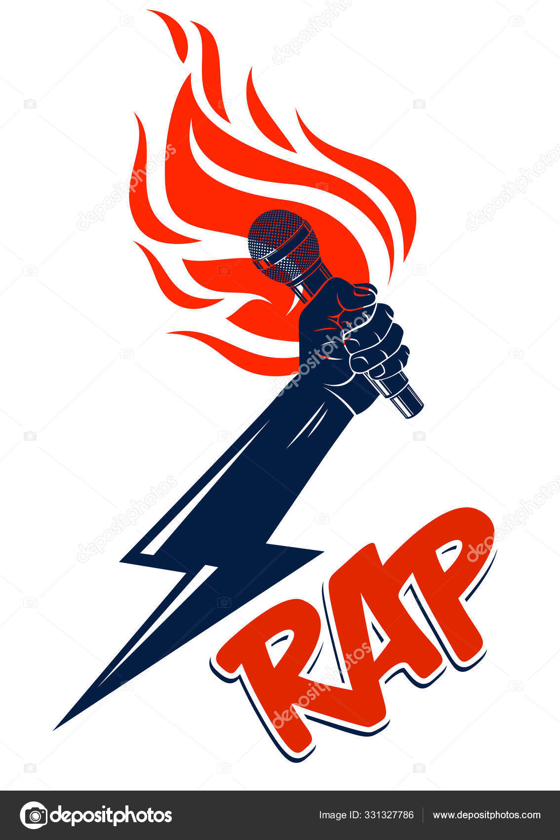 Rap Music Vector Logo Emblem Microphone Hand Flames Lightning Bolt