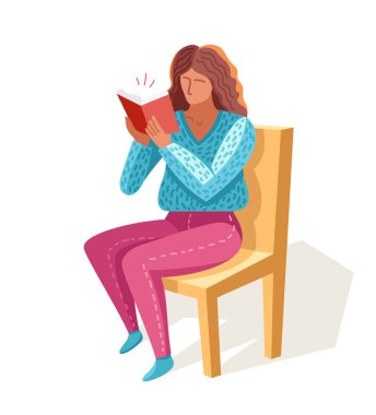 Beyaz, bilgi öğrenme eğitimi, öz eğitim, kurgu edebiyatı üzerine izole edilmiş bir kitap vektörü modayı okuyan genç bir kadın..