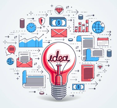 Parlak ampul ve simgeler, iş fikri yaratıcı kavram, e-ticaret alegorisi, İnternet işi, pazar yeri veya çevrimiçi dükkan, vektör illüstrasyonu.