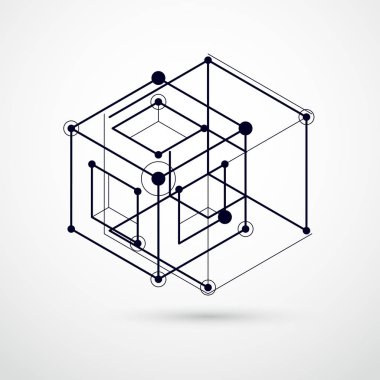 Fütürist tarzda siyah ve beyaz şablon bileşiminde soyut vektör geometrik üç boyutlu elementler. Teknik plan web tasarımında ve duvar kağıdı veya arkaplan olarak kullanılabilir.
