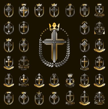 Vintage Christian vektör logolarını veya amblemlerini çaprazlar, Heraldik tasarım elementleri büyük set, klasik tarz habercilik din sembolleri, antika tasarımlar.