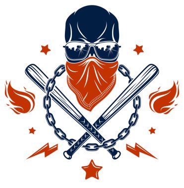 Suç dövmesi, çete amblemi ya da logosu agresif kafatası beyzbol sopaları ve diğer silah ve tasarım unsurları, vektör, haydut getto tarzı, gangster anarşisi ya da mafya teması.