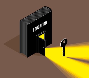 Yarı açık kapı ve anahtar vektör 3d izometrik illüstrasyon ile kitap, bilgi başarının anahtarıdır metafor, eğitim ve öz eğitim, gizli edebiyat.