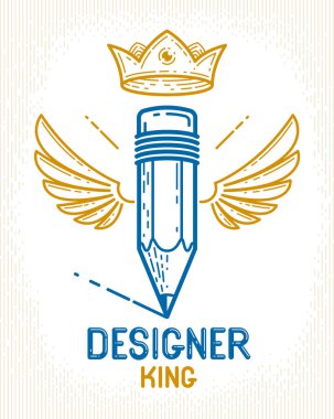 Kanatları ve tacı olan kalem, tasarımcı veya stüdyo için basit moda logosu vektörü, yaratıcı kral, kraliyet tasarımı, doğrusal stil.
