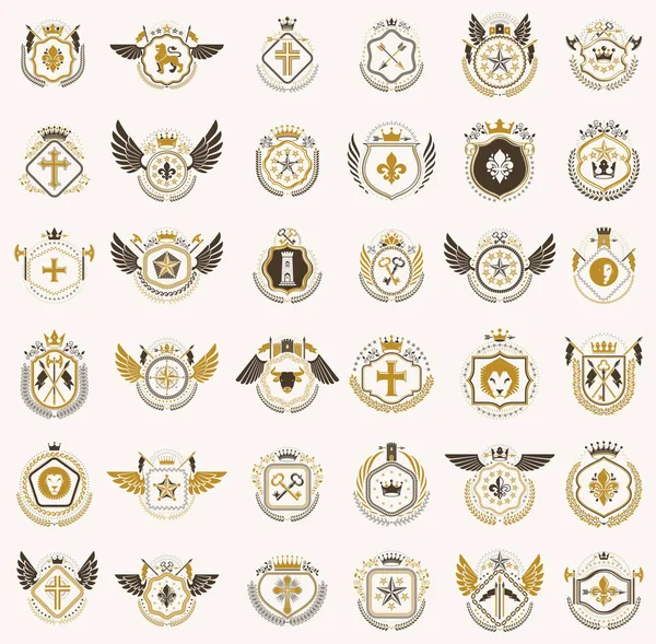 Vintage Heráldico Emblemas Vector Gran Conjunto Heráldica Antigua Insignias Simbólicas — Archivo Imágenes Vectoriales