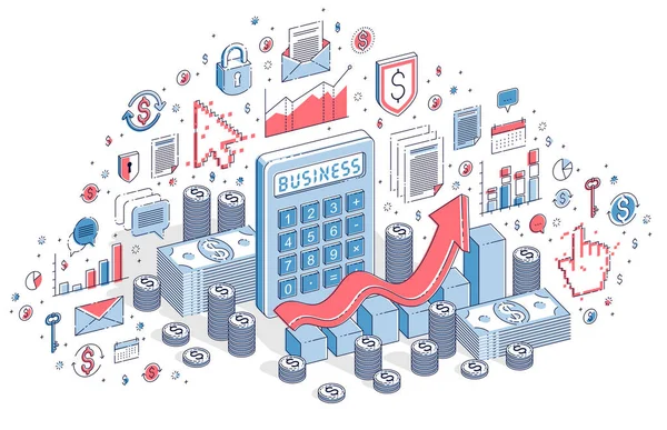 白い背景 財務概念に隔離された収益成長チャートを持つ電卓 アイコン 統計チャート デザイン要素を含むアイソメ3Dベクトルファイナンスイラストレーション — ストックベクタ