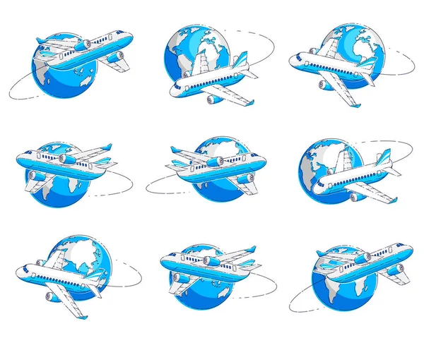 Aerolíneas Emblemas Viajes Aéreos Ilustraciones Con Avión Pasajeros Planeta Tierra — Vector de stock