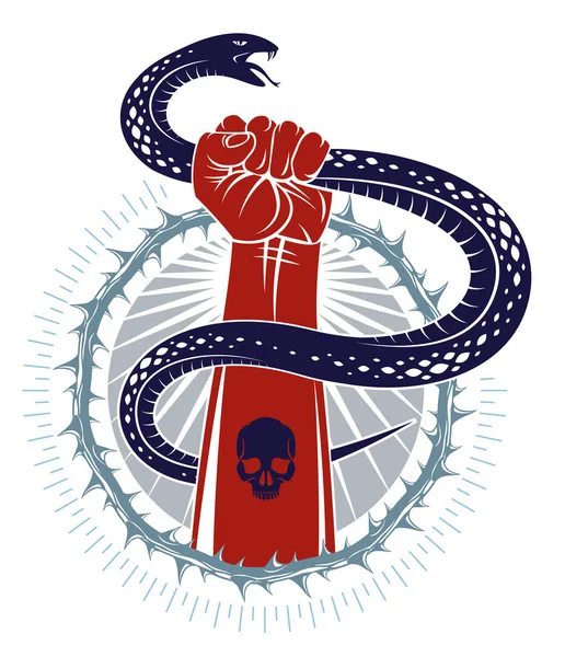 Mano Aprieta Una Serpiente Lucha Contra Diablo Malvado Satanás Controla — Archivo Imágenes Vectoriales