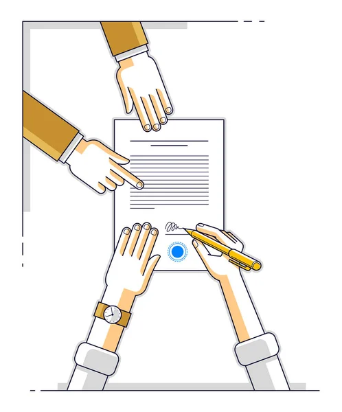 Homme Affaires Signe Document Papier Contractuel Client Bancaire Écrit Signe — Image vectorielle