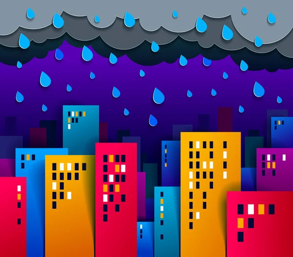 Stadtbild Unter Regen Der Nacht Cartoon Vektor Illustration Papier Geschnitten — Stockvektor