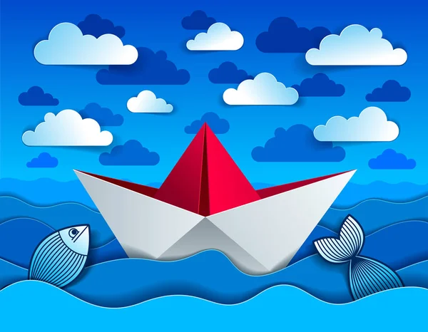 Origami Papel Barco Juguete Nadando Ondas Curvas Del Mar Las — Vector de stock