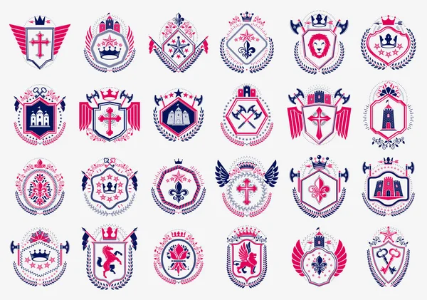 Vintage Heraldische Emblemen Vector Grote Set Antieke Heraldiek Symbolische Badges — Stockvector