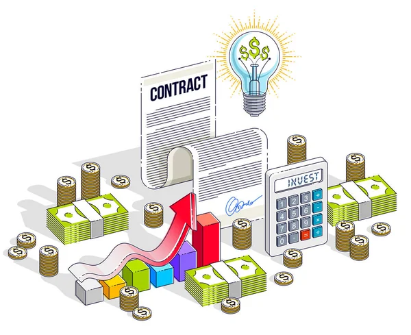 Financial Contract Concept Paper Document Cash Money Stacks Calculator Light — Stock Vector
