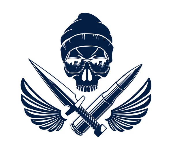 Cabeça Osso Crânio Com Arma Emblema Logotipo Vetor Vintage Isolado — Vetor de Stock
