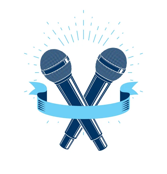 Two Microphones Vector Logo Emblem Isolated White Rapper Rap Battle — 스톡 벡터