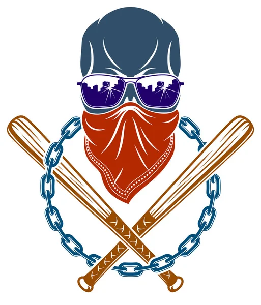 Kriminella Tatuering Gänget Emblem Eller Logotyp Med Aggressiva Skalle Baseball — Stock vektor