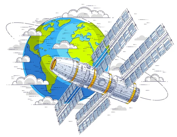 Raumstation Die Die Erde Kreist Raumschiff Mit Sonnenkollektoren Künstlicher Satellit — Stockvektor