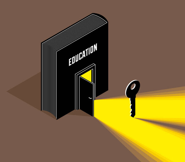 Book with half open door and turnkey vector 3d isometric illustration, knowledge is the key to success metaphor, education and self-education, secret literature.
