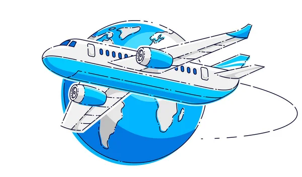地球の惑星 航空会社の航空会社の航空会社の航空会社のエンブレムやイラスト 白い背景の上に隔離された美しい細い線ベクトル — ストックベクタ